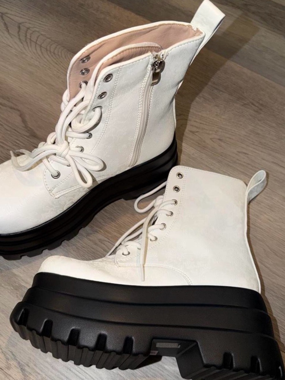 Women’s White Lug Sole Combat Boots with Side Zip